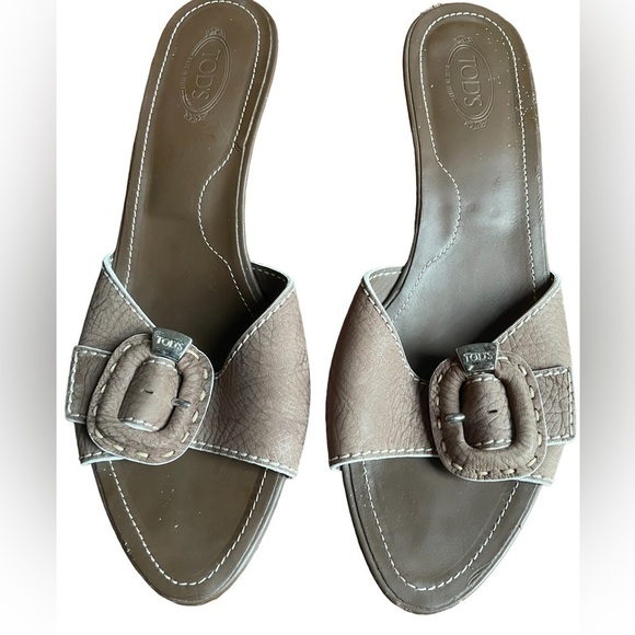 Tods Leather Kitten Heel Slide Sandals Taupe 8.5 - Picture 2 of 13